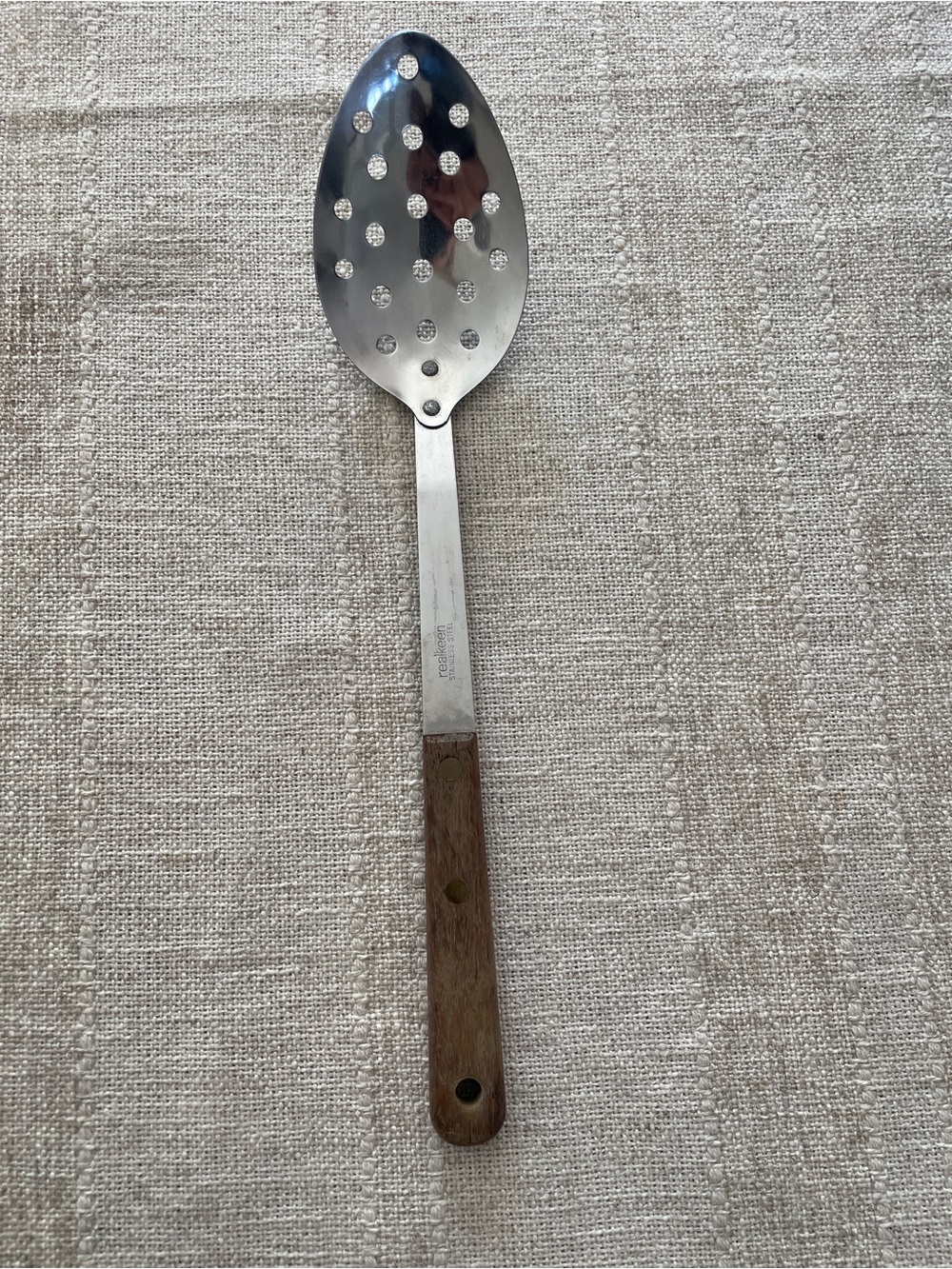 Vintage Stainless Steel Slotted Serving Spoon Wooden Handle Silver & Brown Japan